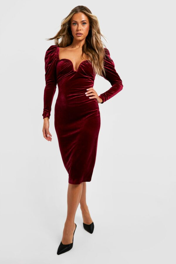 Womens Premium Velvet Deep Plunge Midi Party Dress - Red - 18, Red