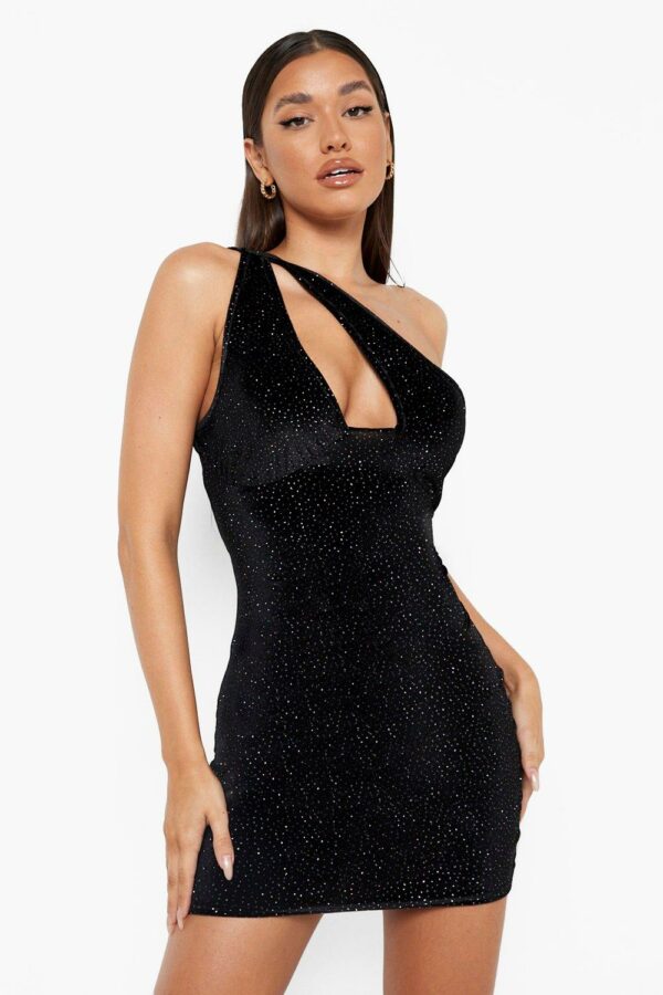 Womens Rainbow Velvet One Shoulder Cut Out Mini Party Dress - Black - 8, Black