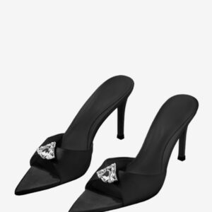 Women's Rhinestones Pointed Toe Satin Slide Sandals Stiletto Heel Black