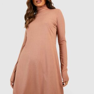 Womens Rib Roll Neck Swing Dress - Beige - 10, Beige