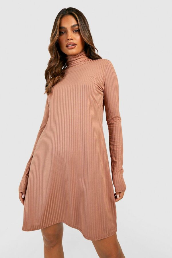 Womens Rib Roll Neck Swing Dress - Beige - 10, Beige