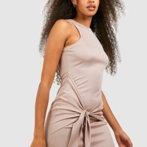 Womens Ribbed Racer Neck Tie Detail Mini Bodycon Dress - Beige - 14, Beige