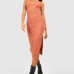 Womens Ripple Rib Low Back Bodycon Midi Dress - Orange - 12, Orange