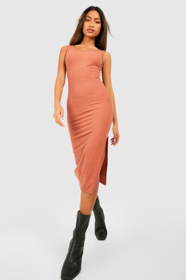 Womens Ripple Rib Low Back Bodycon Midi Dress - Orange - 12, Orange