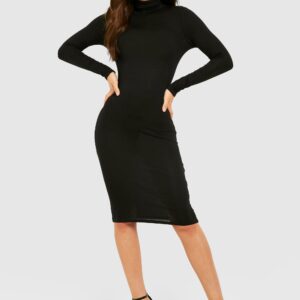 Womens Roll Neck Long Sleeve Bodycon Midi Dress - Black - 18, Black