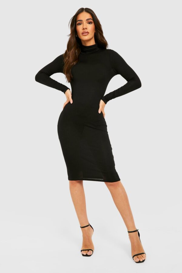 Womens Roll Neck Long Sleeve Bodycon Midi Dress - Black - 18, Black