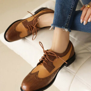 Women's Round Toe Puppy Heel PU Leather Oxfords