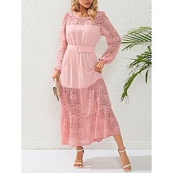 Women's Ruched With Belt Lace Dress Long Dress Maxi Dress Lantern Sleeve Elegant Plain Crew Neck Long Sleeve Wedding Guest Cocktail Party Spring Fall Pink Sky Blue