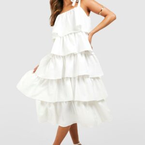 Womens Ruffle Tiered Midi Dress - White - 8, White