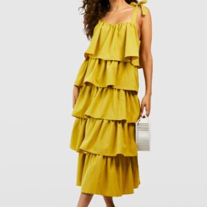 Womens Ruffle Tiered Midi Dress - Yellow - 10, Yellow