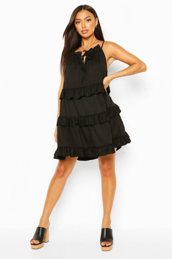 Womens Ruffle Trim Tiered Swing Dress - Black - 8, Black