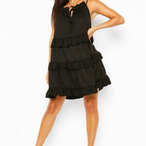 Womens Ruffle Trim Tiered Swing Dress - Black - 8, Black