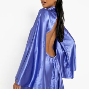 Womens Satin Extreme Flared Sleeve Mini Party Dress - Blue - 8, Blue