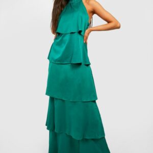 Womens Satin Halterneck Tiered Maxi Dress - Green - 12, Green