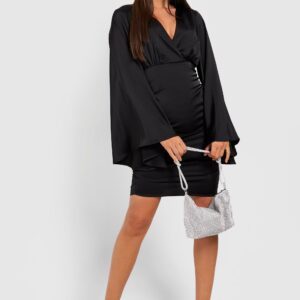 Womens Satin Kimono Ruched Mini Dress - Black - 10, Black