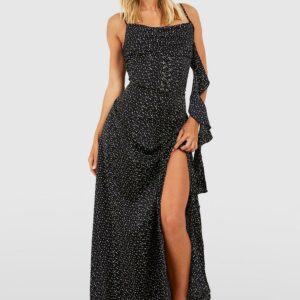 Womens Satin Polka Dot Corset Maxi Dress - Black - 8, Black