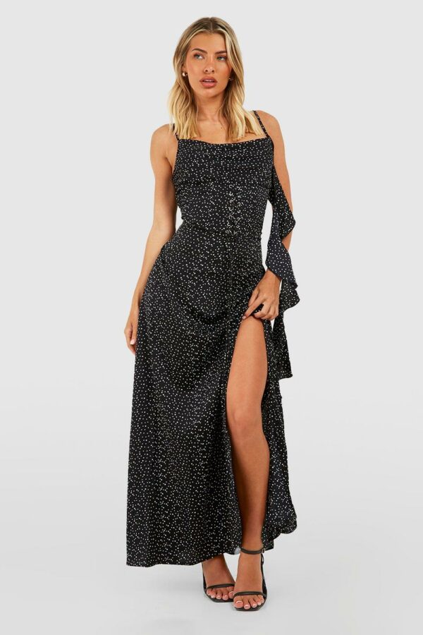 Womens Satin Polka Dot Corset Maxi Dress - Black - 8, Black