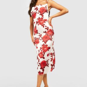 Womens Satin Rose Print Bodycon Dress - Red - 8, Red