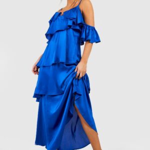 Womens Satin Ruffle Tiered Maxi Dress - Blue - 10, Blue