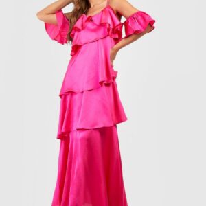 Womens Satin Ruffle Tiered Maxi Dress - Pink - 8, Pink