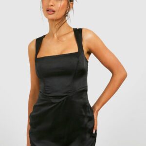 Womens Satin Square Neck Corset Mini Dress - Black - 12, Black