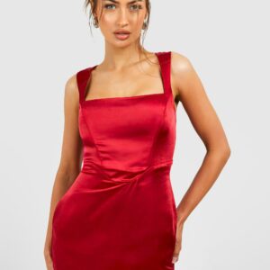 Womens Satin Square Neck Corset Mini Dress - Red - 8, Red