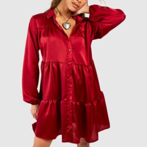 Womens Satin Tiered Smock Shirt Dress - 6, Red