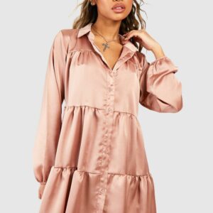 Womens Satin Tiered Smock Shirt Dress - Beige - 6, Beige