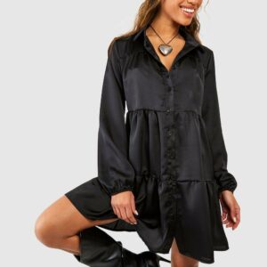 Womens Satin Tiered Smock Shirt Dress - Black - 6, Black