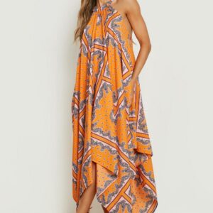 Womens Scarf Print Woven Swing Dress - Orange - 12, Orange