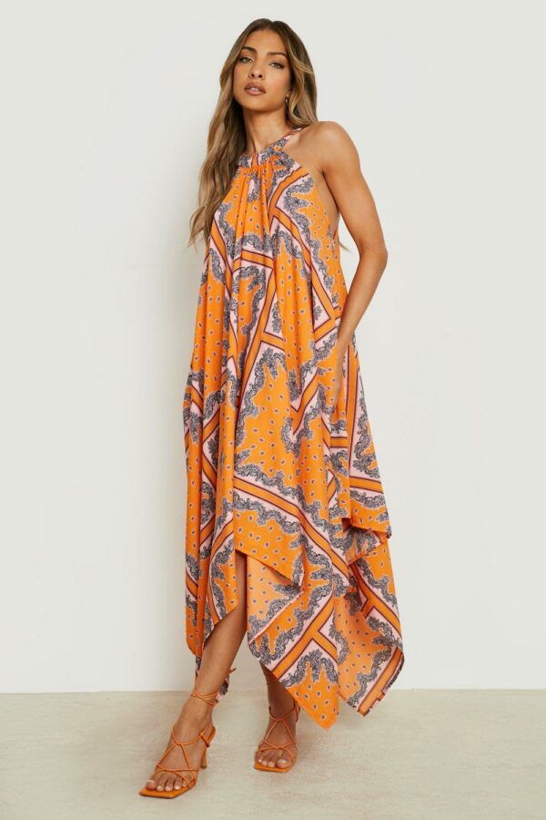 Womens Scarf Print Woven Swing Dress - Orange - 12, Orange