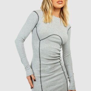 Womens Seam Detail Long Sleeve Bodycon Dress - Grey - 14, Grey