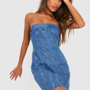 Womens Seamed Bandeau Denim Corset Dress - Blue - 10, Blue