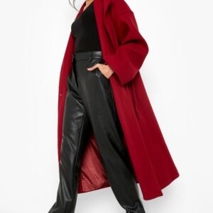 Womens Self Belted Drop Sleeve Wool Look Coat - Red - 10, Red