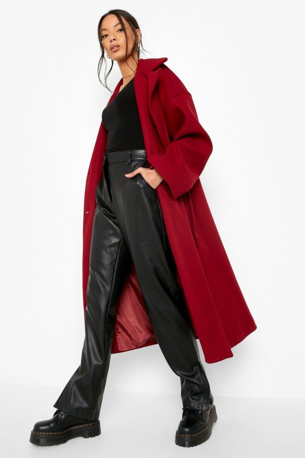 Womens Self Belted Drop Sleeve Wool Look Coat - Red - 10, Red