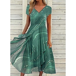 Women's Semi Formal Party Dress Swing Dress Knee Length Dress Green Blue Gray Short Sleeve Color Block Print Spring Summer V Neck Elegant Loose 2023 S M L XL XXL 3XL