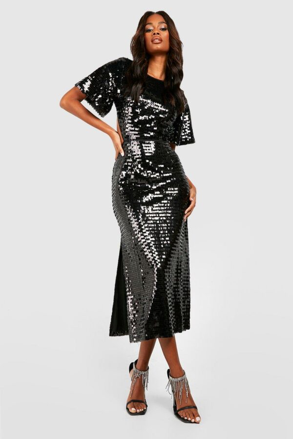 Womens Sequin Angel Sleeve Cut Out Midi Party Dress - Black - 16, Black