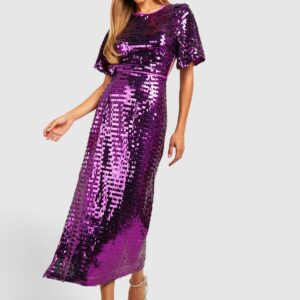 Womens Sequin Angel Sleeve Cut Out Midi Party Dress - Purple - 16, Purple