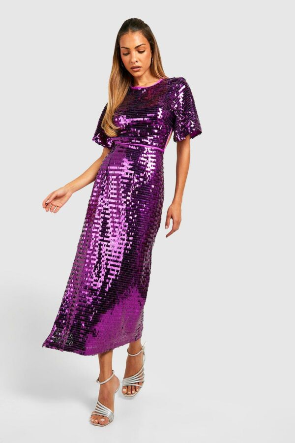 Womens Sequin Angel Sleeve Cut Out Midi Party Dress - Purple - 16, Purple