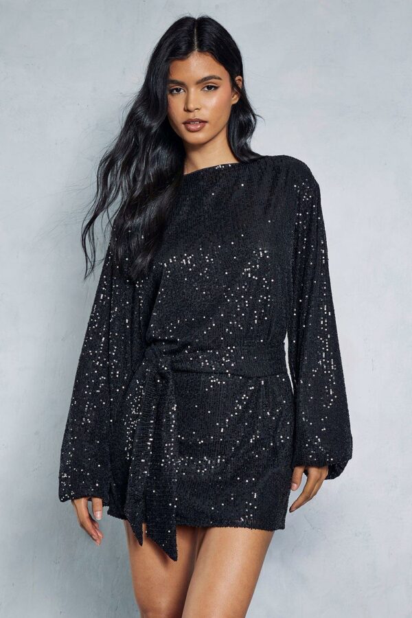 Womens Sequin Belted Long Sleeve Swing Mini Dress - black - 14, Black