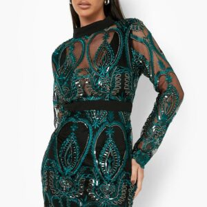 Womens Sequin Damask Cupped Mini Party Dress - Green - 18, Green