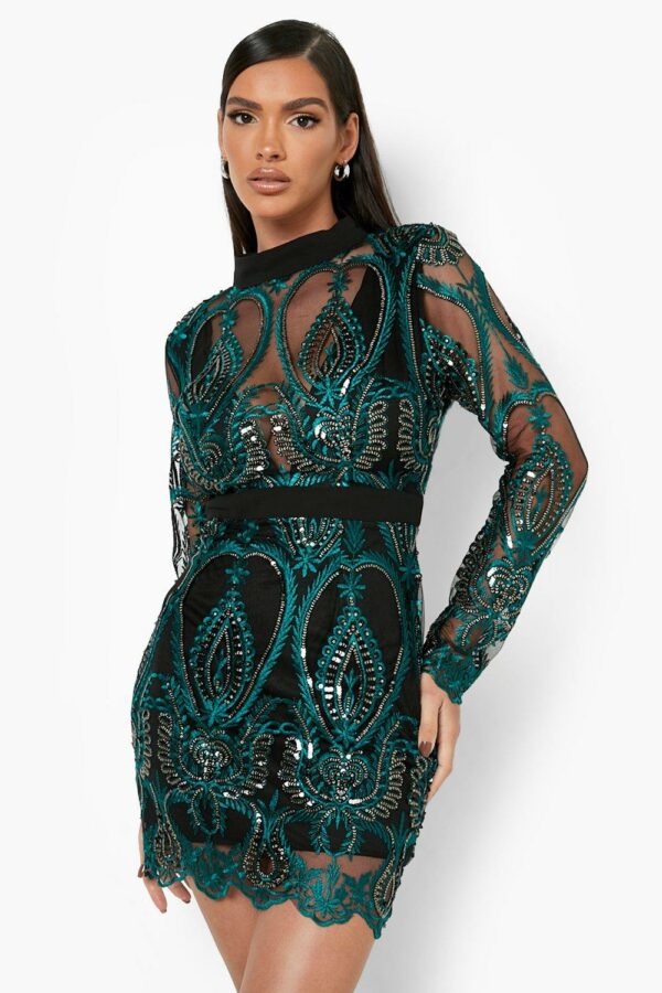 Womens Sequin Damask Cupped Mini Party Dress - Green - 18, Green