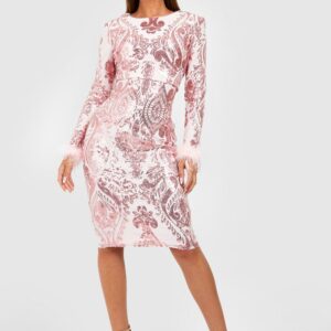 Womens Sequin Damask Feather Cuff Midi Party Dress - Pink - 12, Pink