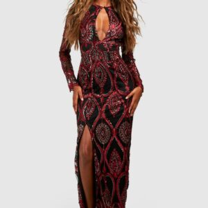 Womens Sequin Damask Plunge Maxi Party Dress - Red - 8, Red