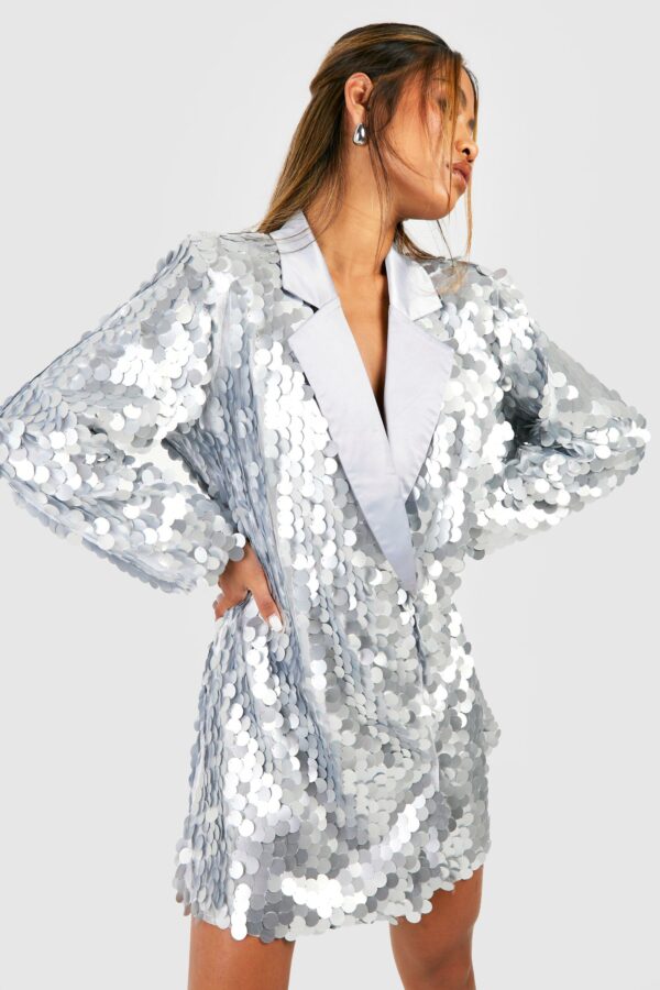 Womens Sequin Disc Oversized Blazer Party Dress - Grey - 12, Grey