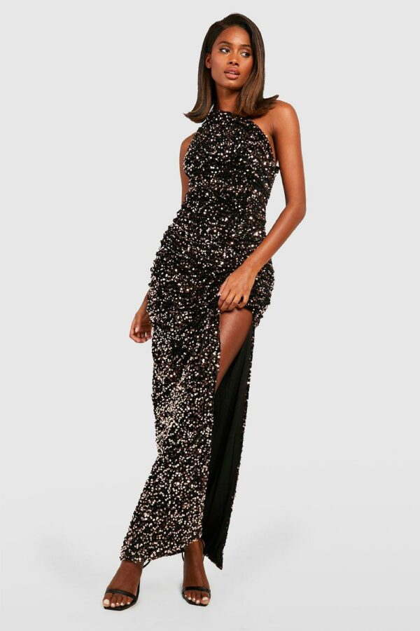 Womens Sequin Drape One Shoulder Maxi Party Dress - Bronze - 14, Bronze