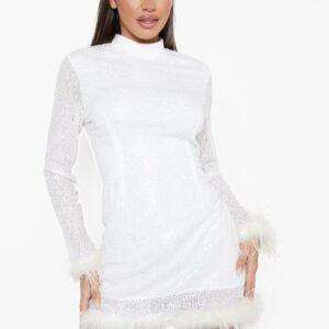 Womens Sequin High Neck Feather Hem Mini Party Dress - White - 10, White