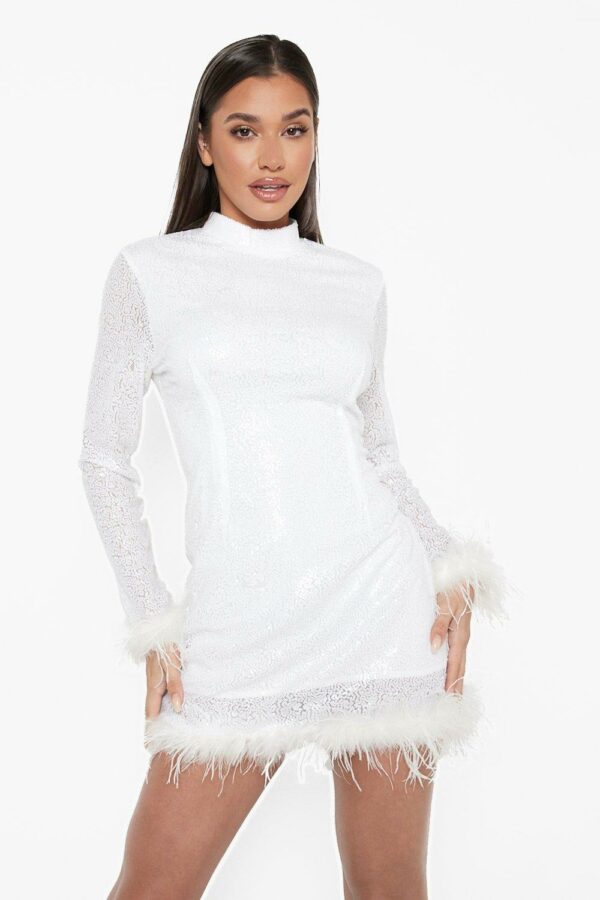 Womens Sequin High Neck Feather Hem Mini Party Dress - White - 10, White