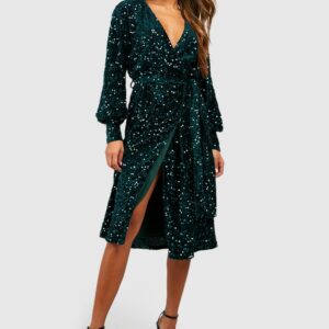 Womens Sequin Long Sleeve Tie Waist Midi Party Dress - Green - 14, Green