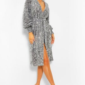 Womens Sequin Long Sleeve Tie Waist Midi Party Dress - Grey - 16, Grey